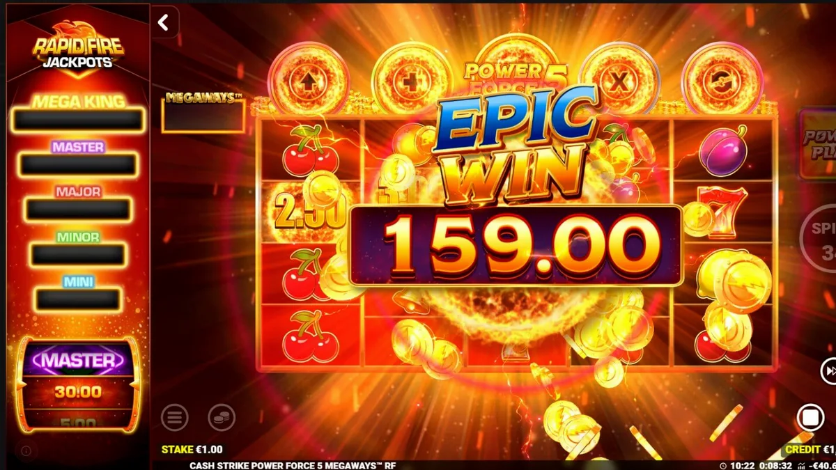 Tampilan visual slot Cash Strike Power Force 5 Megaways dengan simbol buah klasik dan fitur Megaways